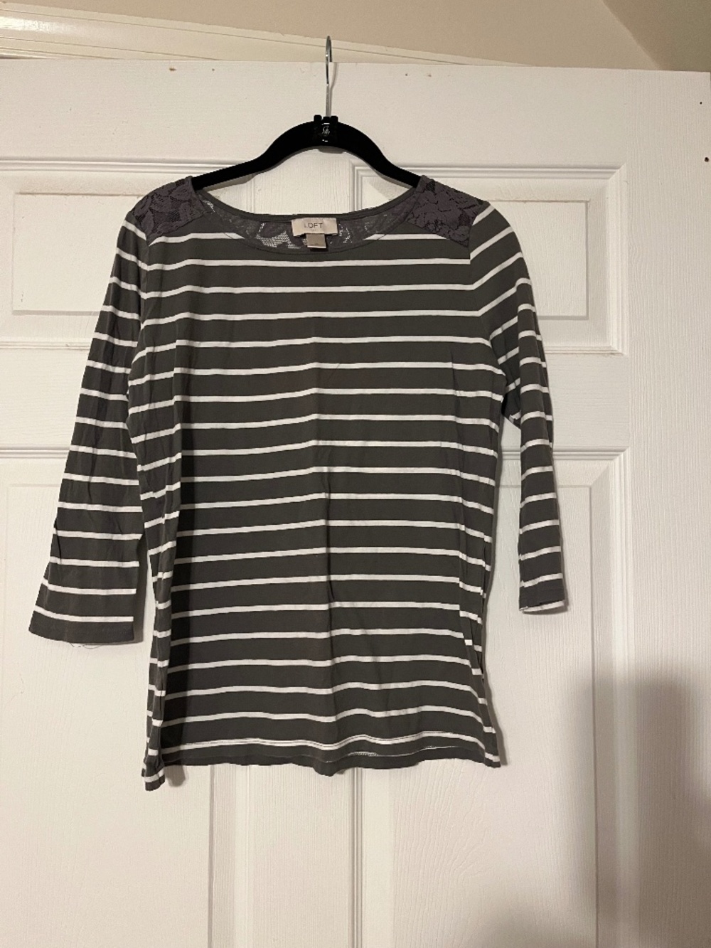 LOFT gray & White Striped medium boatneck top with lace detail on back